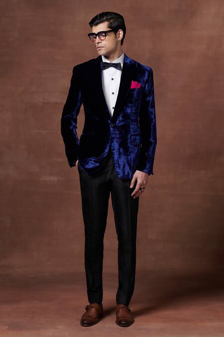 Raghavendra Rathore Jodhpur Blue Velvet, Viscose Majestic Midnight Tuxedo Jacket Online at Aza Fashions Raghavendra Rathore Jodhpur_Blue Velvet, Viscose Majestic Midnight Tuxedo Jacket _Online_at_Aza_Fashions