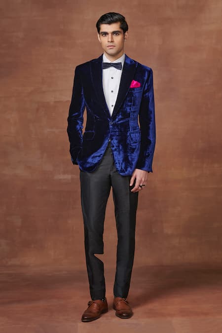Shop Raghavendra Rathore Jodhpur Blue Velvet, Viscose Majestic Midnight Tuxedo Jacket Online at Aza Fashions Shop_Raghavendra Rathore Jodhpur_Blue Velvet, Viscose Majestic Midnight Tuxedo Jacket _Online_at_Aza_Fashions