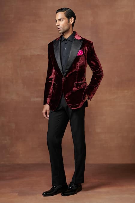 Raghavendra Rathore Jodhpur Maroon Velvet Plain Regal Velour Tuxedo Jacket