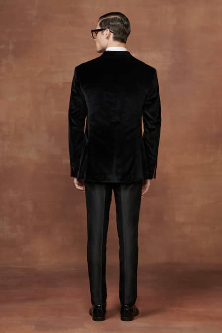 Shop Raghavendra Rathore Jodhpur Black Cotton, Velvet Opulent Midnight Tuxedo Jacket at Aza Fashions Shop_Raghavendra Rathore Jodhpur_Black Cotton, Velvet Opulent Midnight Tuxedo Jacket _at_Aza_Fashions