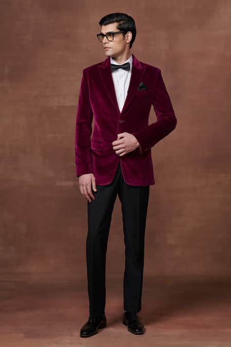 Raghavendra Rathore Jodhpur Pink Velvet Plain Regal Bordeaux Tuxedo Jacket