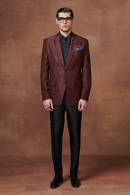 Raghavendra Rathore Jodhpur_Maroon Wool Embroidery Floral Textured Tuxedo Jacket _Online_at_Aza_Fashions