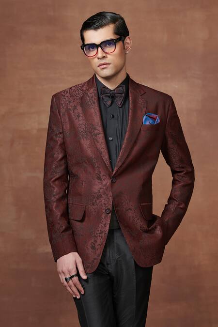 Shop_Raghavendra Rathore Jodhpur_Maroon Wool Embroidery Floral Textured Tuxedo Jacket _Online_at_Aza_Fashions