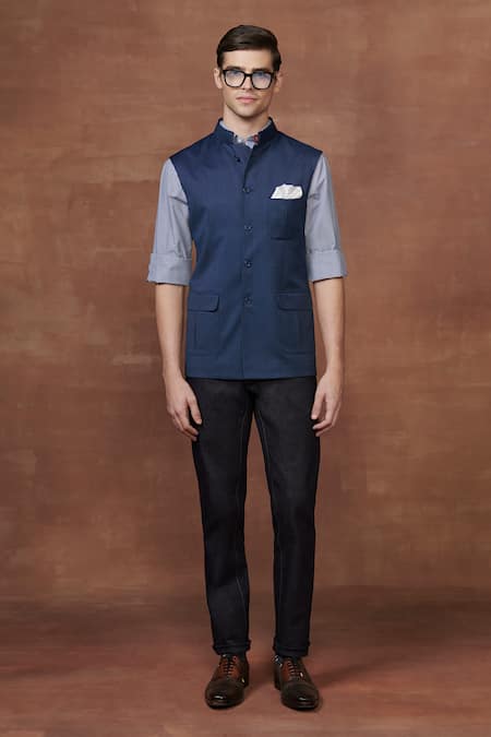 Raghavendra Rathore Jodhpur Blue Wool Plain Mandarin Collar Safari Waistcoat 