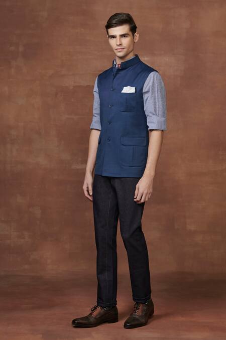 Raghavendra Rathore Jodhpur Blue Wool Mandarin Collar Safari Waistcoat Online at Aza Fashions Raghavendra Rathore Jodhpur_Blue Wool Mandarin Collar Safari Waistcoat _Online_at_Aza_Fashions