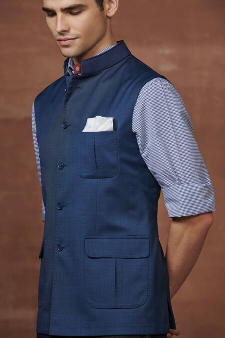 Buy Raghavendra Rathore Jodhpur Blue Wool Mandarin Collar Safari Waistcoat Online at Aza Fashions Buy_Raghavendra Rathore Jodhpur_Blue Wool Mandarin Collar Safari Waistcoat _Online_at_Aza_Fashions