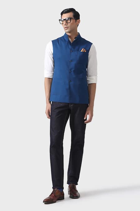 Raghavendra Rathore Jodhpur Blue Wool Plain Aristocratic Waistcoat 