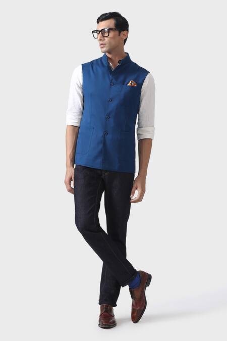 Buy_Raghavendra Rathore Jodhpur_Blue Wool Aristocratic Waistcoat _Online_at_Aza_Fashions
