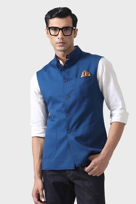 Raghavendra Rathore Jodhpur_Blue Wool Aristocratic Waistcoat _at_Aza_Fashions