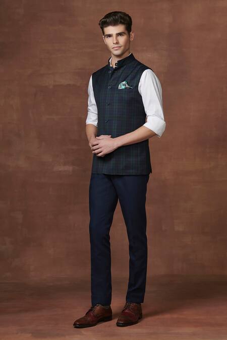 Raghavendra Rathore Jodhpur Green Wool Button Down Waistcoat Online at Aza Fashions Raghavendra Rathore Jodhpur_Green Wool Button Down Waistcoat _Online_at_Aza_Fashions