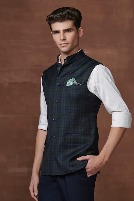 Buy Raghavendra Rathore Jodhpur Green Wool Button Down Waistcoat Online at Aza Fashions Buy_Raghavendra Rathore Jodhpur_Green Wool Button Down Waistcoat _Online_at_Aza_Fashions