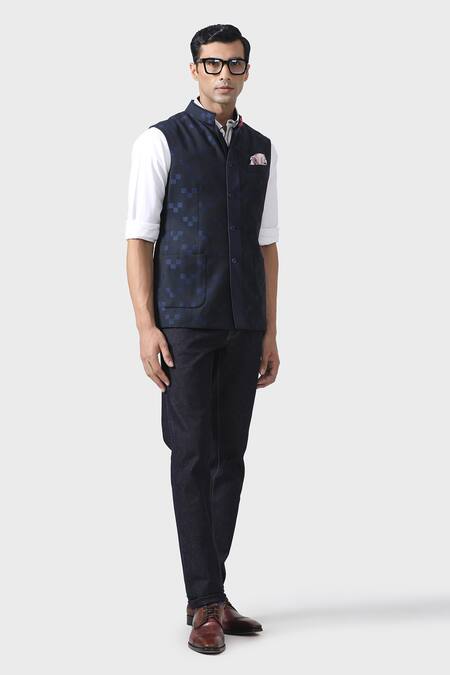 Raghavendra Rathore Jodhpur_Blue Wool Patchwork Waistcoat _Online_at_Aza_Fashions
