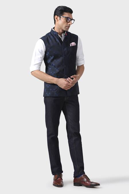 Shop_Raghavendra Rathore Jodhpur_Blue Wool Patchwork Waistcoat _Online_at_Aza_Fashions