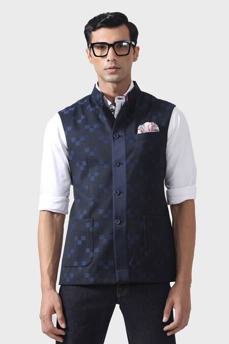 Raghavendra Rathore Jodhpur_Blue Wool Patchwork Waistcoat _at_Aza_Fashions
