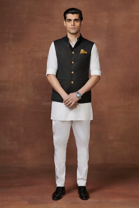 Raghavendra Rathore Jodhpur Black Wool Woven Button Down Waistcoat 