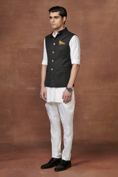 Raghavendra Rathore Jodhpur Black Wool Zari Woven Button Down Waistcoat Online at Aza Fashions Raghavendra Rathore Jodhpur_Black Wool Zari Woven Button Down Waistcoat _Online_at_Aza_Fashions