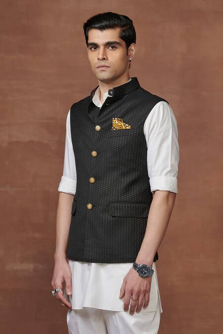 Buy Raghavendra Rathore Jodhpur Black Wool Zari Woven Button Down Waistcoat Online at Aza Fashions Buy_Raghavendra Rathore Jodhpur_Black Wool Zari Woven Button Down Waistcoat _Online_at_Aza_Fashions