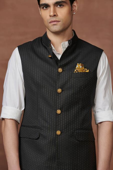 Shop Raghavendra Rathore Jodhpur Black Wool Zari Woven Button Down Waistcoat Online at Aza Fashions Shop_Raghavendra Rathore Jodhpur_Black Wool Zari Woven Button Down Waistcoat _Online_at_Aza_Fashions