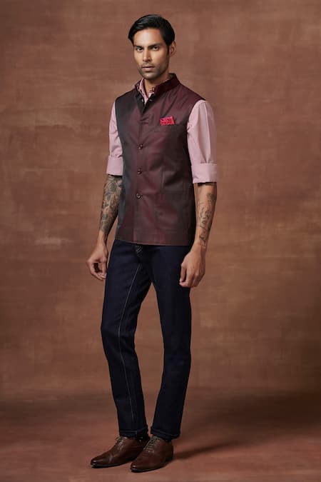 Raghavendra Rathore Jodhpur Bordeaux Dual Toned Waistcoat 