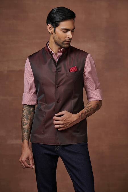 Raghavendra Rathore Jodhpur Maroon Wool Bordeaux Dual Toned Waistcoat Online at Aza Fashions Raghavendra Rathore Jodhpur_Maroon Wool Bordeaux Dual Toned Waistcoat _Online_at_Aza_Fashions