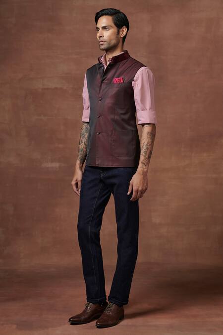Shop Raghavendra Rathore Jodhpur Maroon Wool Bordeaux Dual Toned Waistcoat Online at Aza Fashions Shop_Raghavendra Rathore Jodhpur_Maroon Wool Bordeaux Dual Toned Waistcoat _Online_at_Aza_Fashions