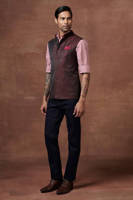 Raghavendra Rathore Jodhpur Maroon Wool Bordeaux Dual Toned Waistcoat at Aza Fashions Raghavendra Rathore Jodhpur_Maroon Wool Bordeaux Dual Toned Waistcoat _at_Aza_Fashions
