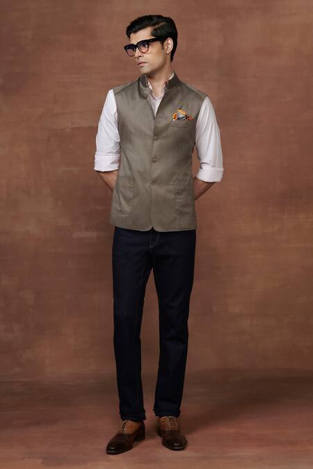 Raghavendra Rathore Jodhpur Grey Wool Lustrous Button Down Waistcoat Online at Aza Fashions Raghavendra Rathore Jodhpur_Grey Wool Lustrous Button Down Waistcoat _Online_at_Aza_Fashions