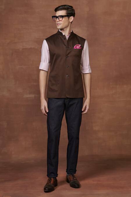 Raghavendra Rathore Jodhpur Brown Wool Patch Pocket Waistcoat Online at Aza Fashions Raghavendra Rathore Jodhpur_Brown Wool Patch Pocket Waistcoat _Online_at_Aza_Fashions