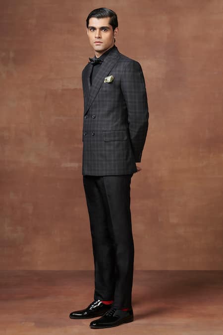 Buy_Raghavendra Rathore Jodhpur_Black Wool Checketed Double Breasted Tuxedo Jacket _Online_at_Aza_Fashions