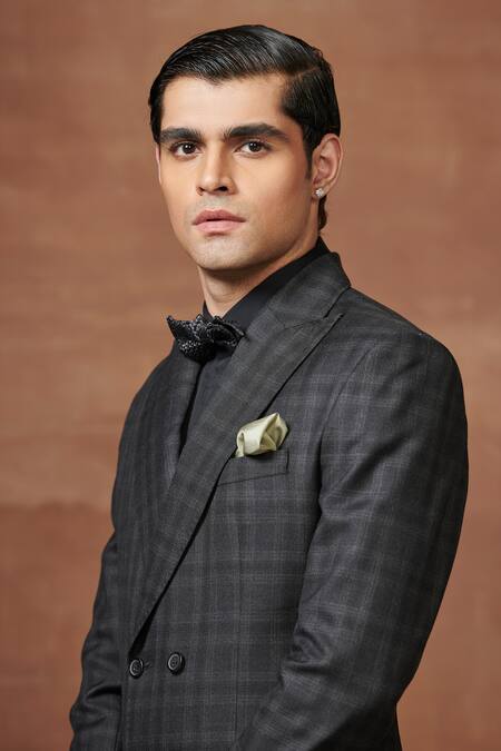 Shop_Raghavendra Rathore Jodhpur_Black Wool Checketed Double Breasted Tuxedo Jacket _Online_at_Aza_Fashions
