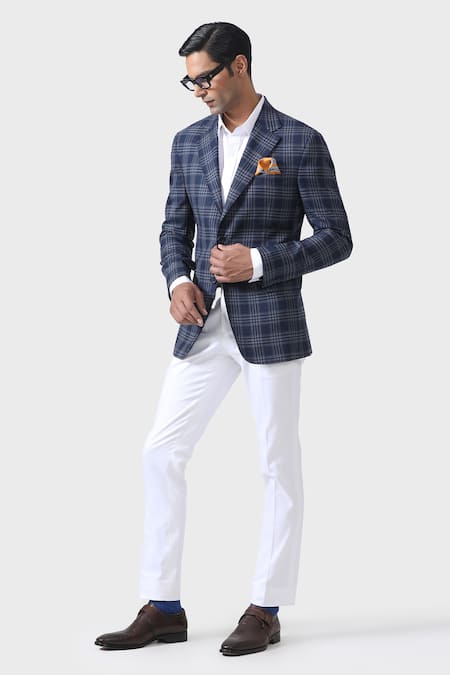 Raghavendra Rathore Jodhpur_Blue Wool Checkered Lapel Collar Tuxedo Jacket _Online_at_Aza_Fashions