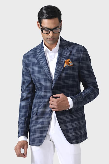 Buy_Raghavendra Rathore Jodhpur_Blue Wool Checkered Lapel Collar Tuxedo Jacket _Online_at_Aza_Fashions