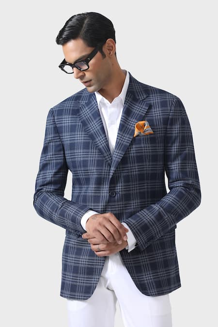 Shop_Raghavendra Rathore Jodhpur_Blue Wool Checkered Lapel Collar Tuxedo Jacket _Online_at_Aza_Fashions