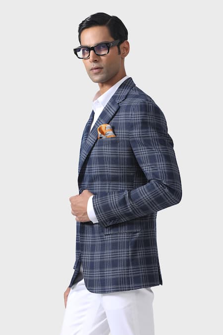 Raghavendra Rathore Jodhpur_Blue Wool Checkered Lapel Collar Tuxedo Jacket _at_Aza_Fashions