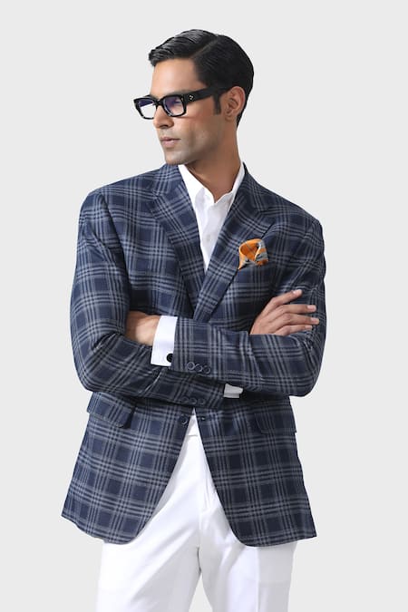Buy_Raghavendra Rathore Jodhpur_Blue Wool Checkered Lapel Collar Tuxedo Jacket 