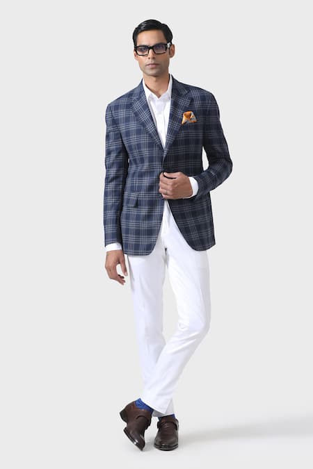 Raghavendra Rathore Jodhpur Blue Wool Checkered Pattern Lapel Collar Tuxedo Jacket 