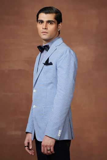 Raghavendra Rathore Jodhpur_Blue Cotton Checkered Pattern Lapel Collar Jacket _Online_at_Aza_Fashions