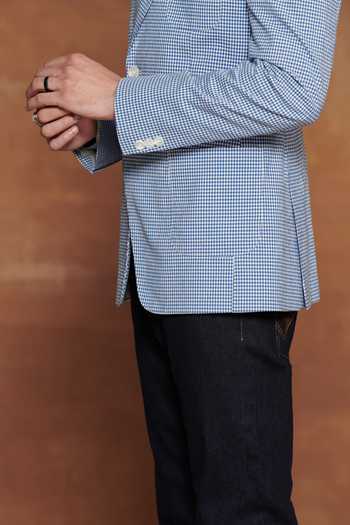 Buy_Raghavendra Rathore Jodhpur_Blue Cotton Checkered Pattern Lapel Collar Jacket _Online_at_Aza_Fashions