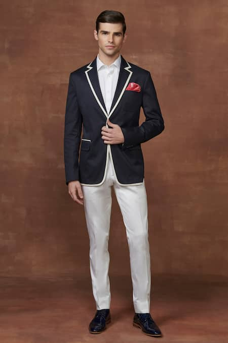 Raghavendra Rathore Jodhpur Blue Cotton Contrast Border Tuxedo Jacket 