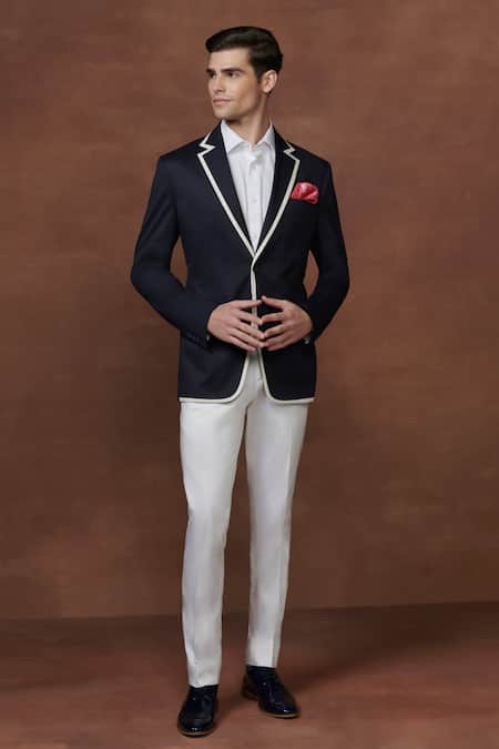 Buy_Raghavendra Rathore Jodhpur_Blue Cotton Contrast Border Tuxedo Jacket _Online_at_Aza_Fashions