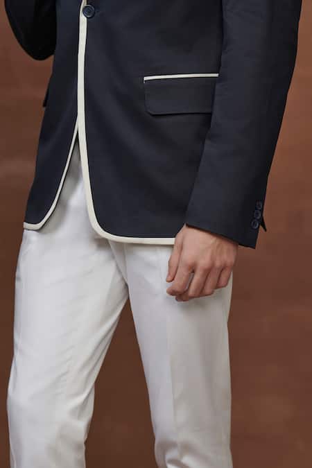 Shop_Raghavendra Rathore Jodhpur_Blue Cotton Contrast Border Tuxedo Jacket _Online_at_Aza_Fashions