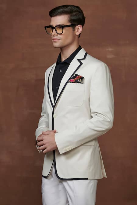 Buy Raghavendra Rathore Jodhpur Cream Cotton Contrast Border Lapel Collar Tuxedo Jacket Online at Aza Fashions Buy_Raghavendra Rathore Jodhpur_Cream Cotton Contrast Border Lapel Collar Tuxedo Jacket _Online_at_Aza_Fashions