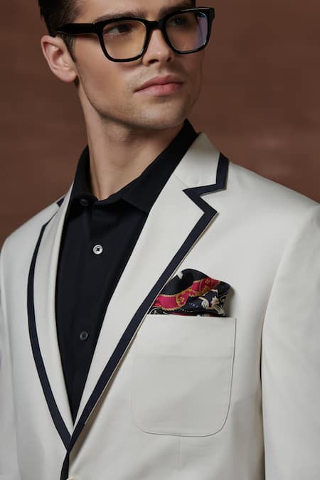 Shop Raghavendra Rathore Jodhpur Cream Cotton Contrast Border Lapel Collar Tuxedo Jacket Online at Aza Fashions Shop_Raghavendra Rathore Jodhpur_Cream Cotton Contrast Border Lapel Collar Tuxedo Jacket _Online_at_Aza_Fashions
