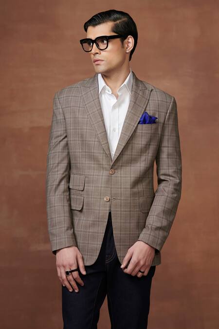 Raghavendra Rathore Jodhpur_Brown Wool Checkered Pattern Classic Voyage Jacket _Online_at_Aza_Fashions