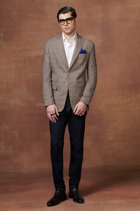 Buy_Raghavendra Rathore Jodhpur_Brown Wool Checkered Pattern Classic Voyage Jacket _Online_at_Aza_Fashions