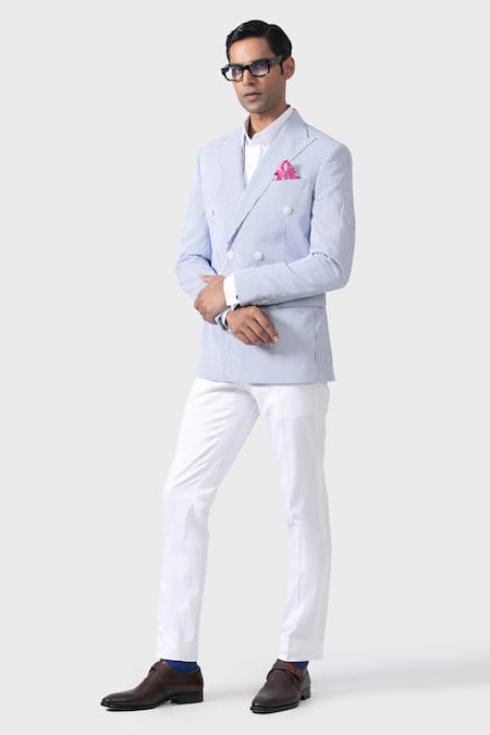 Raghavendra Rathore Jodhpur_Blue Cotton Regal Striped Double Breasted Tuxedo Jacket _Online_at_Aza_Fashions