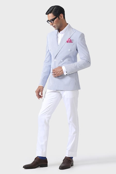 Buy_Raghavendra Rathore Jodhpur_Blue Cotton Regal Striped Double Breasted Tuxedo Jacket _Online_at_Aza_Fashions