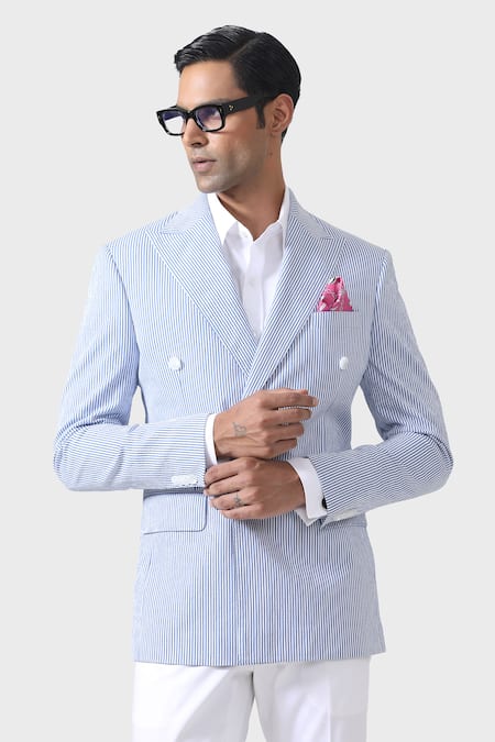 Shop_Raghavendra Rathore Jodhpur_Blue Cotton Regal Striped Double Breasted Tuxedo Jacket _Online_at_Aza_Fashions