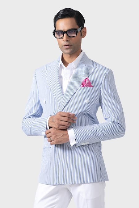 Raghavendra Rathore Jodhpur_Blue Cotton Regal Striped Double Breasted Tuxedo Jacket _at_Aza_Fashions