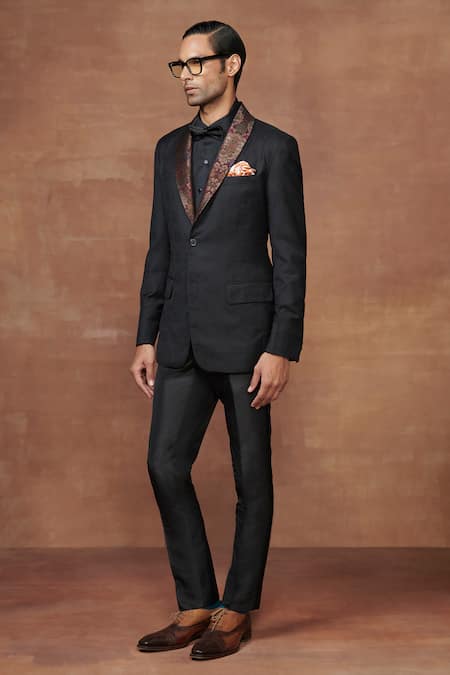 Raghavendra Rathore Jodhpur_Black Suede Contrast Lapel Collar Jacket _Online_at_Aza_Fashions